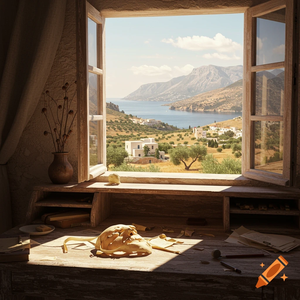 View from a window onto a Mediterranean landscape with sea, buildings, and hills. Desk with papers and a mask in the foreground.