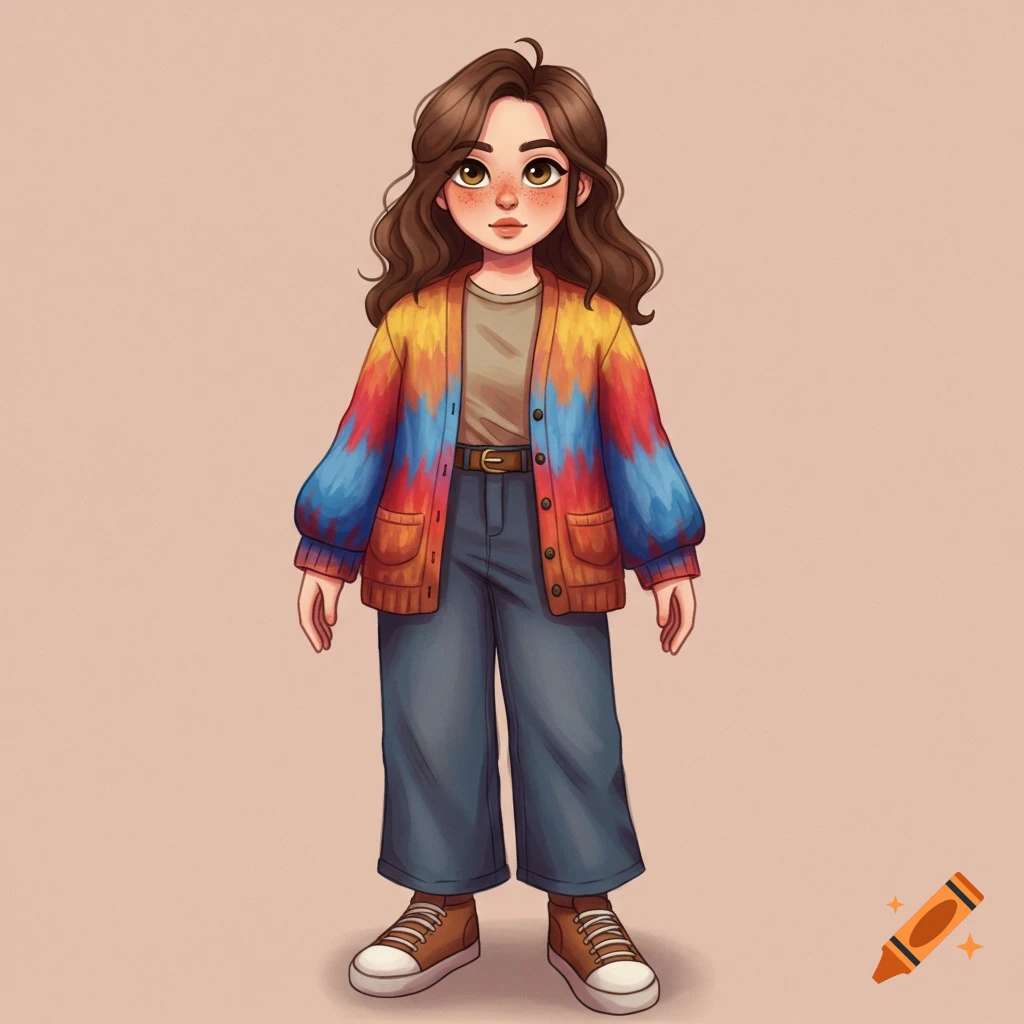 Cartoon girl in a colorful tie-dye cardigan, jeans, and sneakers.