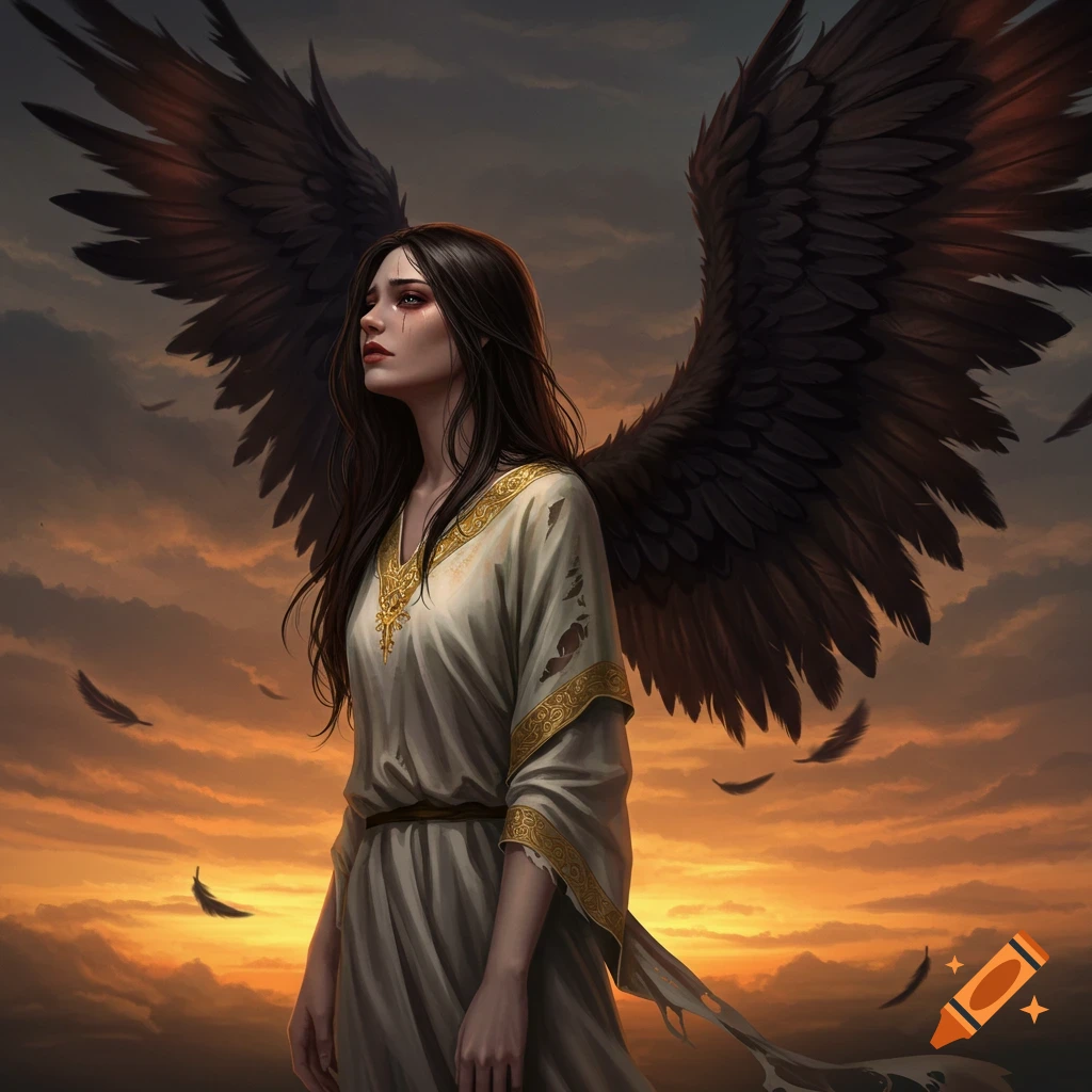 A fallen angel with large dark wings looks up at a dramatic sunset sky with falling feathers.