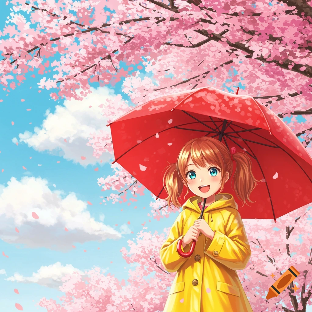 Anime style illustration of a young girl in a yellow raincoat holding a red umbrella under pink cherry blossoms.