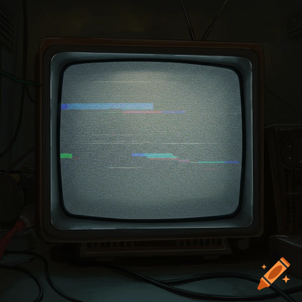 An old TV screen shows static and colored signal interference.
