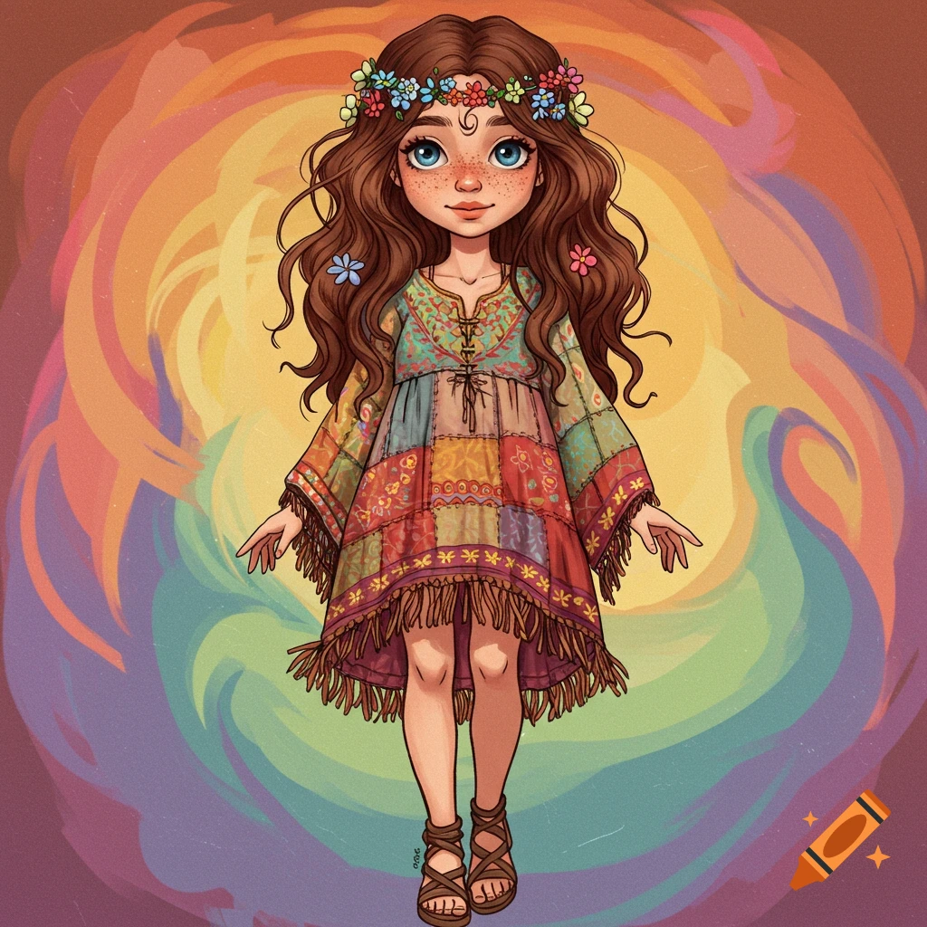A girl in a colorful patchwork hippie dress and flower crown with freckles and long wavy brown hair.