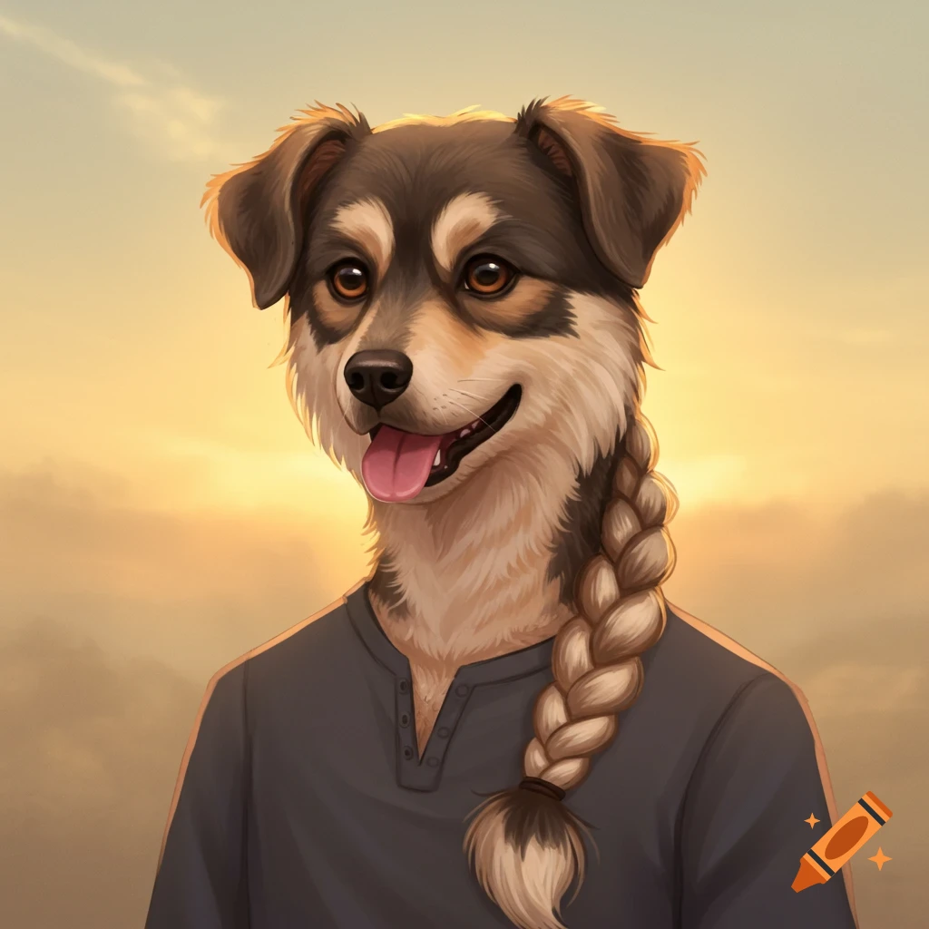 An anthropomorphic dog with a braid is depicted against a sunset background.