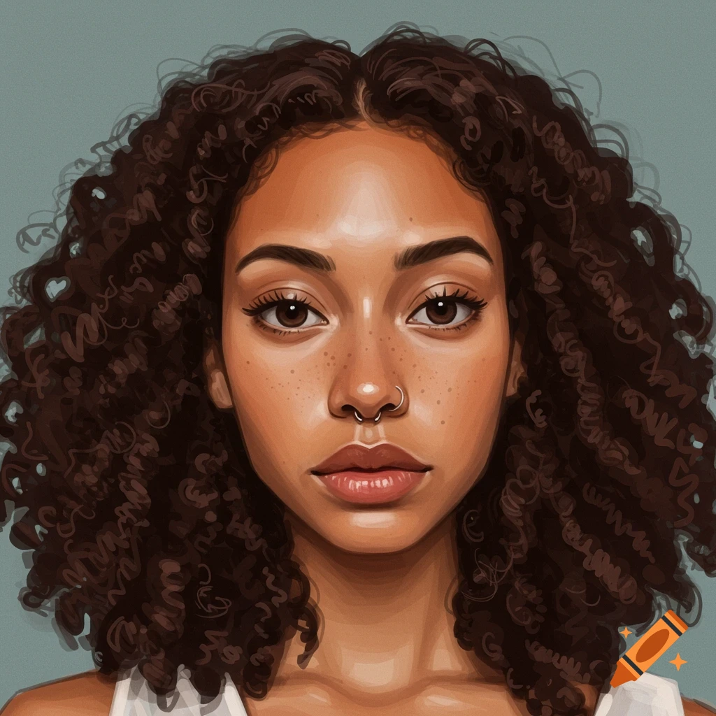 A young woman with curly brown hair, freckles, and a nose piercing, looking forward.