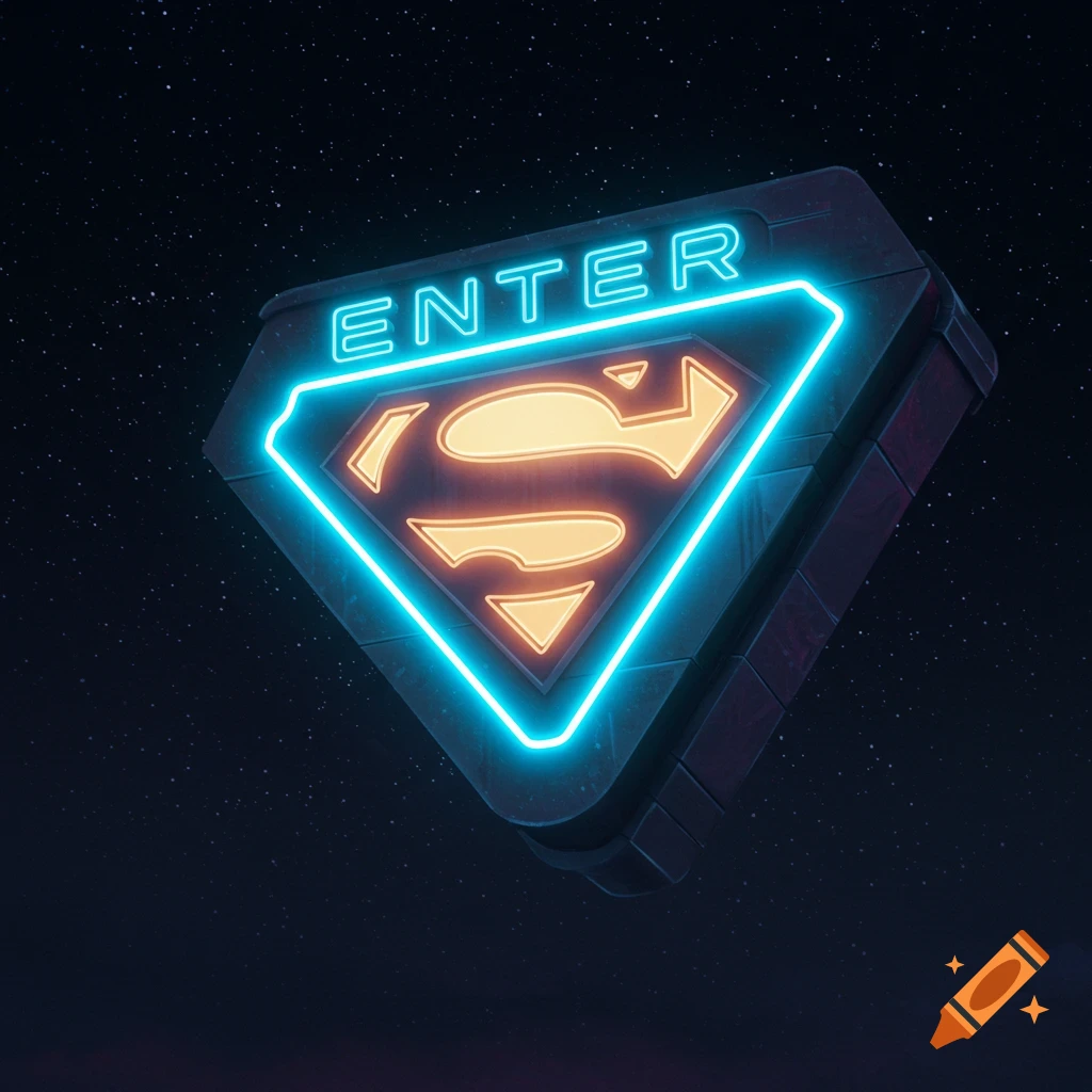 Neon Superman shield sign with 'ENTER' text floating in space