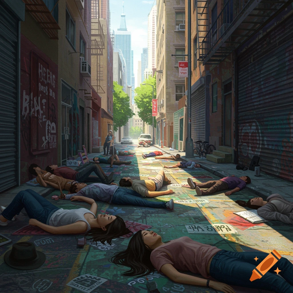diverse people lying on a vibrant city street with buildings in the background.