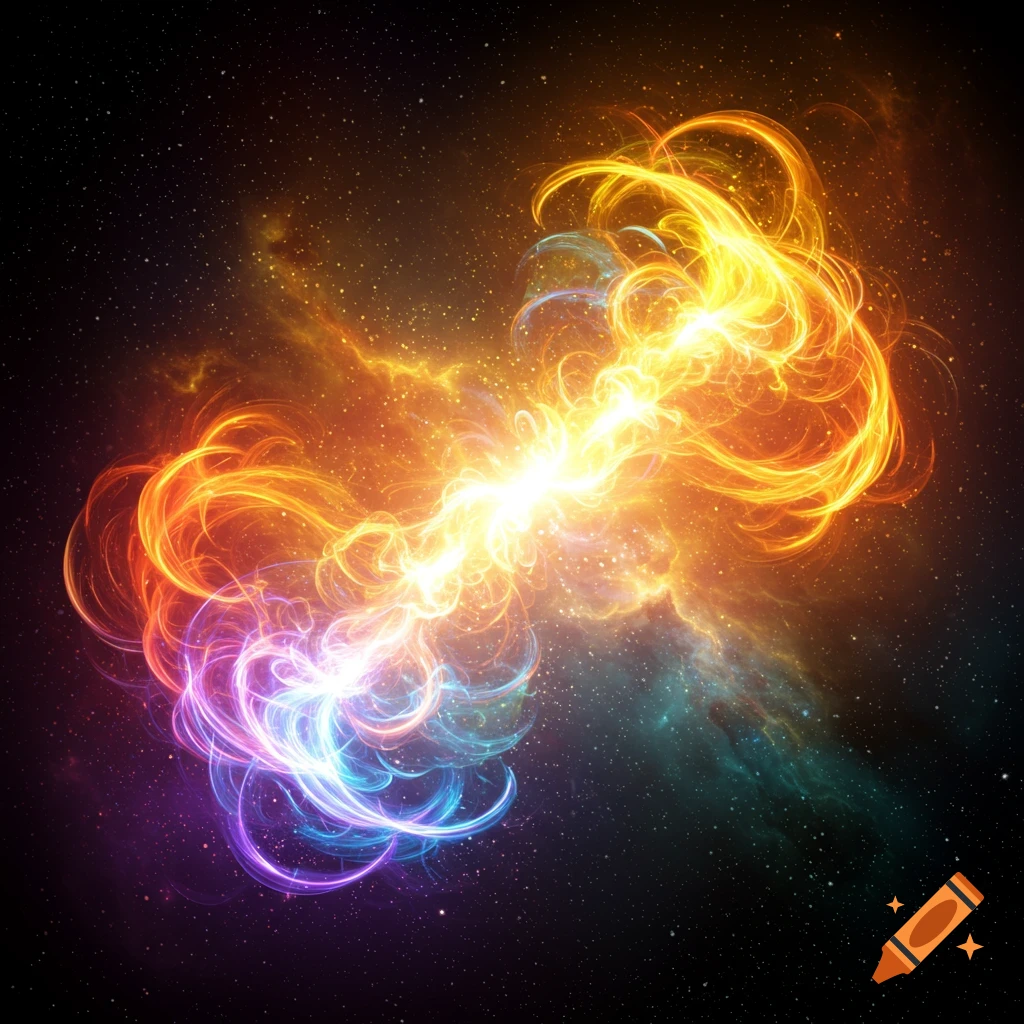 Vibrant energy transfers between colorful abstract shapes in space with stars.