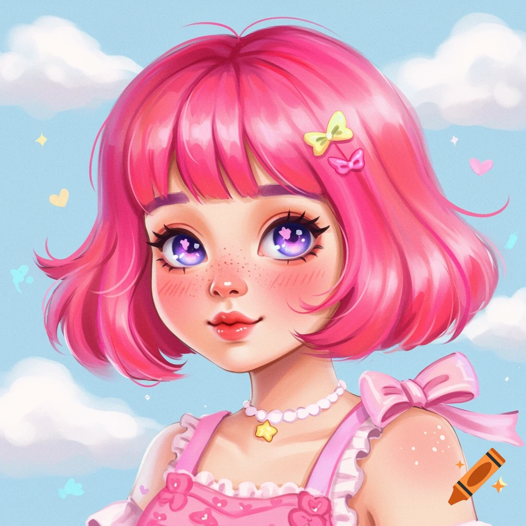 A cute girl with pink hair, big eyes, and a pink dress stands against a cloudy sky.