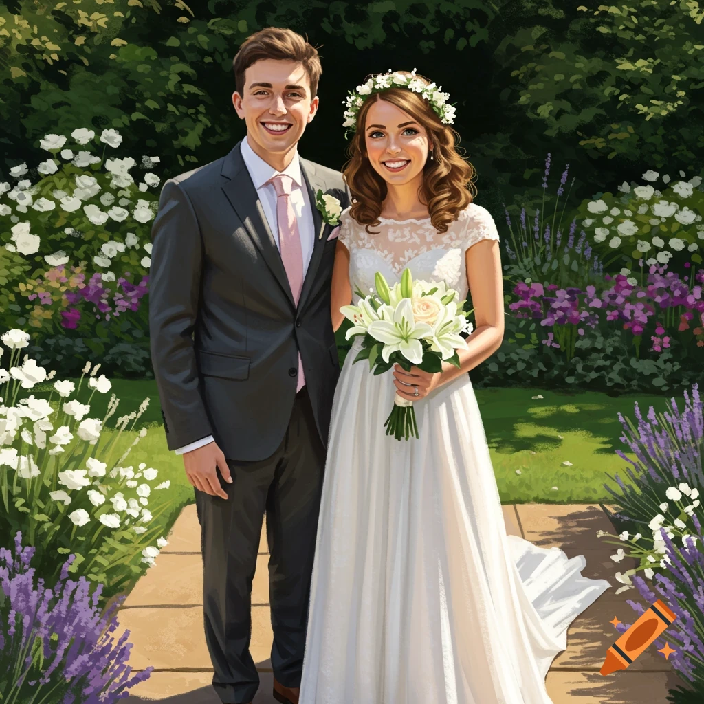 A bride and groom stand in a sunny garden.