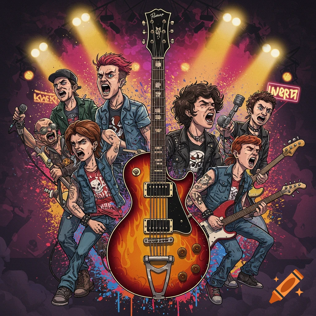 Cartoon-style illustration of a rock band on stage with a large guitar in the foreground.