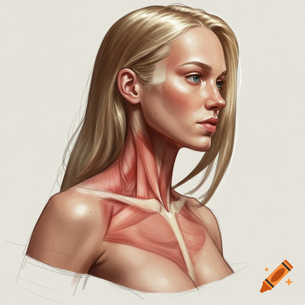 A woman's anatomical study showing muscles and bone.
