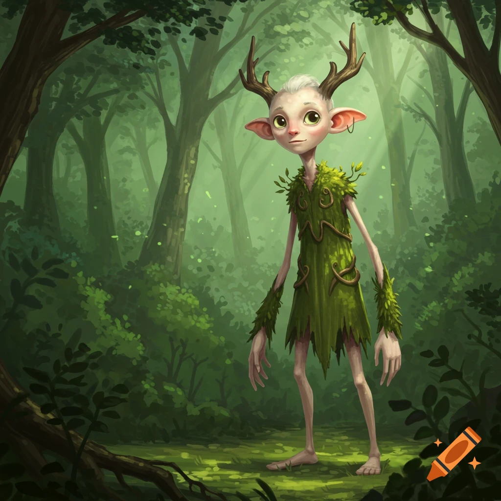 A pale fantasy creature with antlers and leaf clothing stands in a forest.