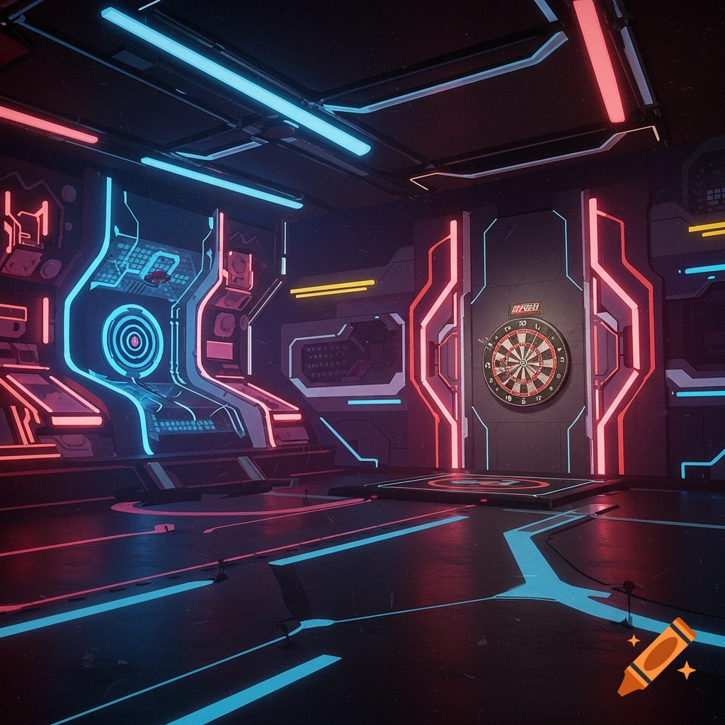 A futuristic room with neon lights and a dartboard.
