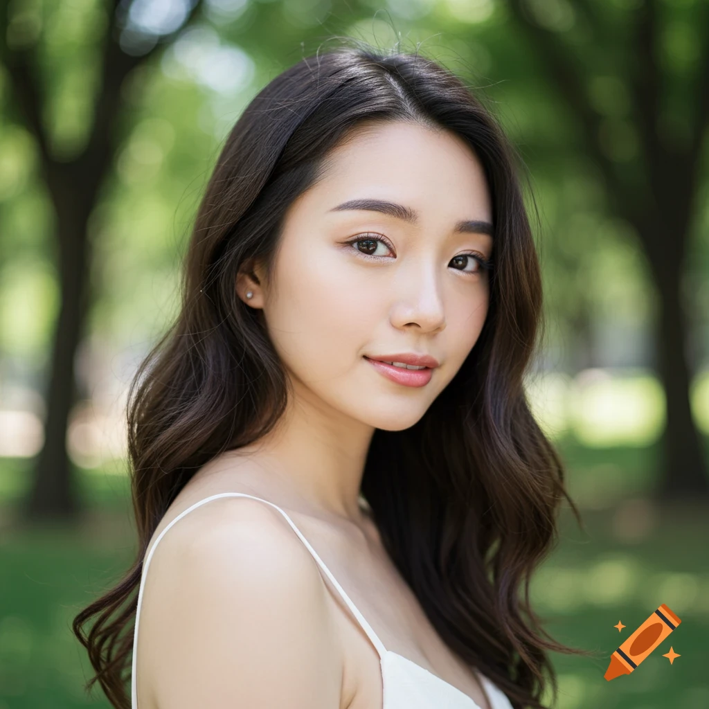 A young Asian woman with long dark hair smiles while standing in a park.