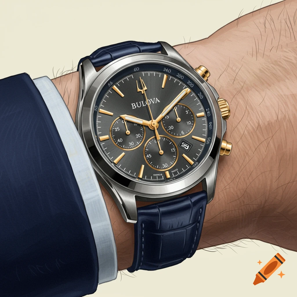 arm wearing a Bulova watch with grey dial, gold accents, blue leather strap, and navy suit.