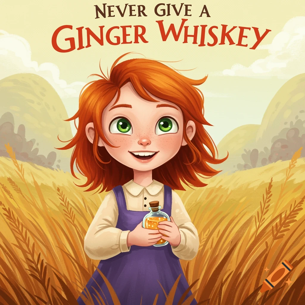 Whimsical illustration of a ginger girl in a grass field, holding a bottle, with the title 'Never Give a Ginger Whiskey'.