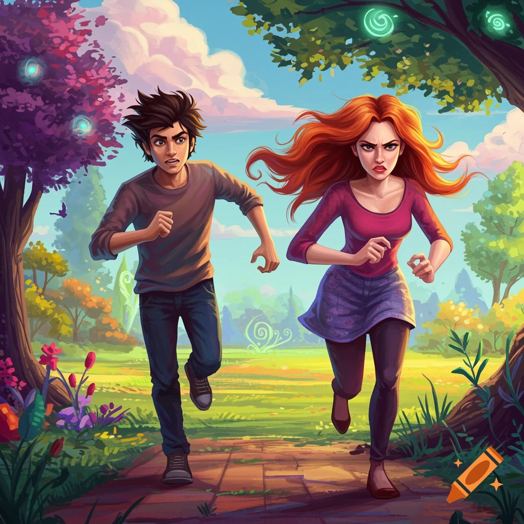 A young man and displeased woman are running through a vibrant fantasy park.