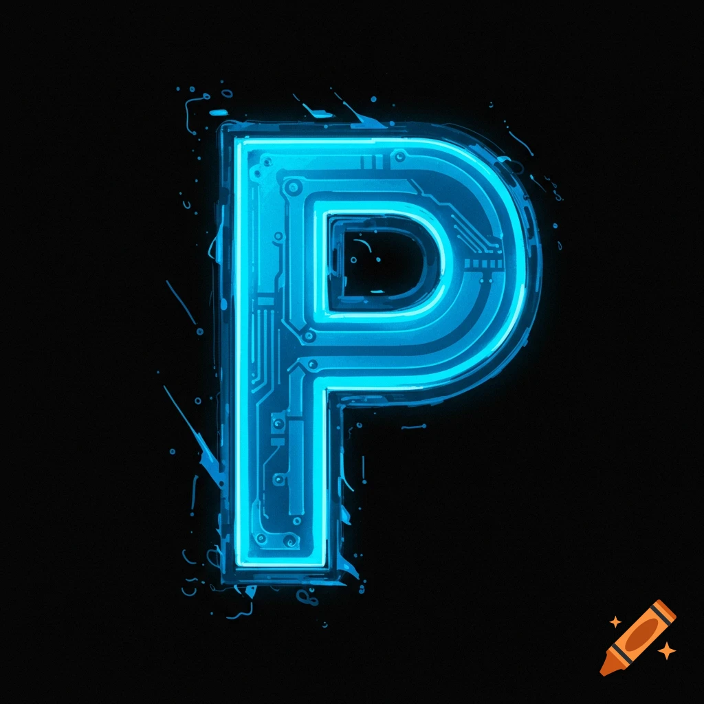 Glowing blue futuristic circuit board style letter P on a black background.