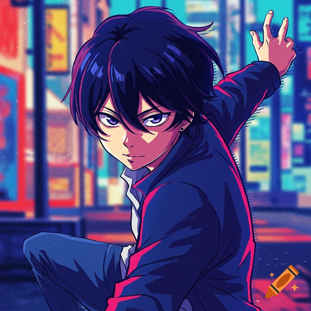Anime style digital art portrait of a young man with dark hair and purple eyes against a blurry urban background.