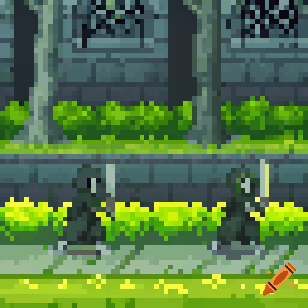 Pixel art image of two figures in dark robes with swords in a fantasy game environment.