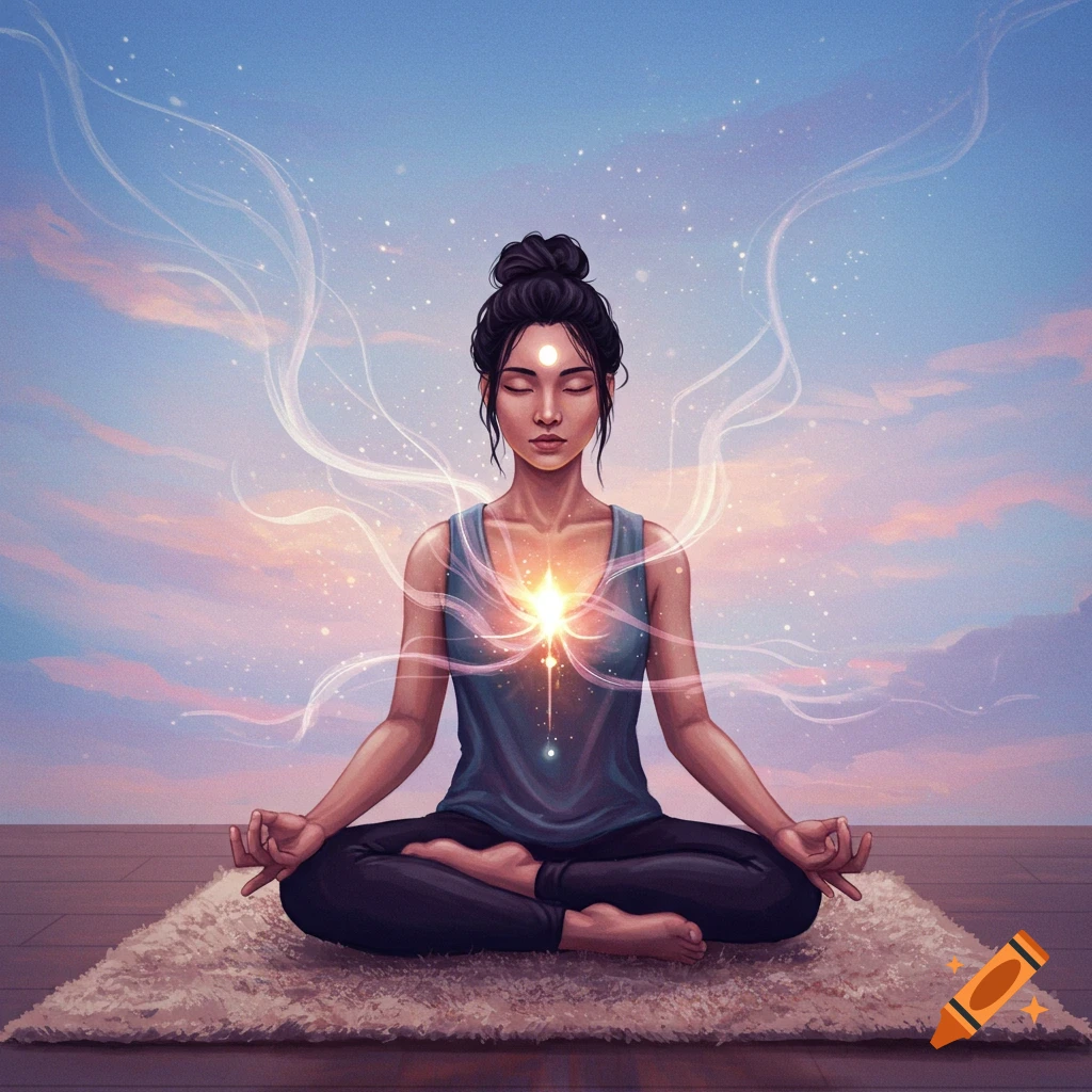 A woman is meditating with closed eyes, radiating light from her chest. She is surrounded by ethereal energy streams under a sunset sky.