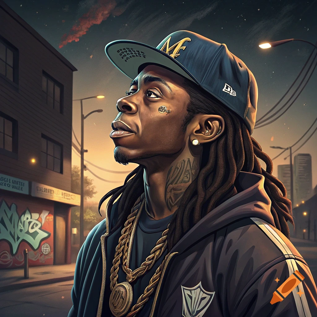 Digital art portrait of a man resembling Lil Wayne with dreadlocks, hat, gold chains, and tattoos on an urban street at sunset.