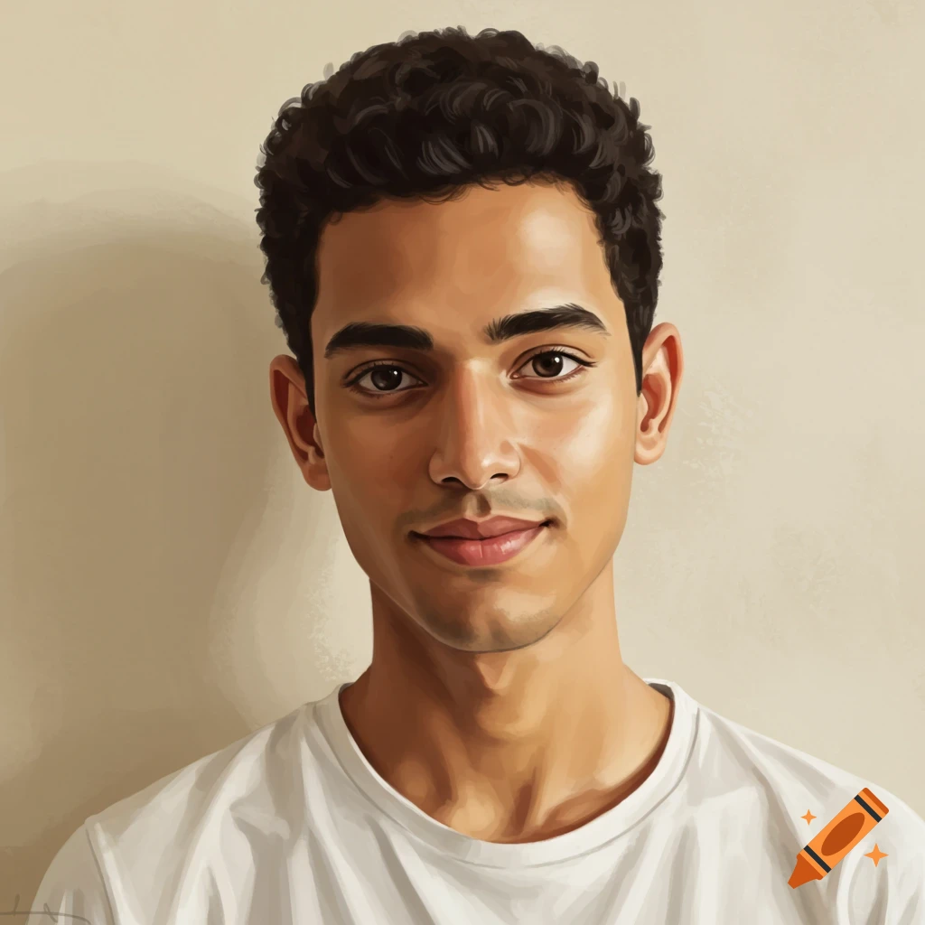 A young man with dark curly hair smiles slightly, wearing a white t-shirt.