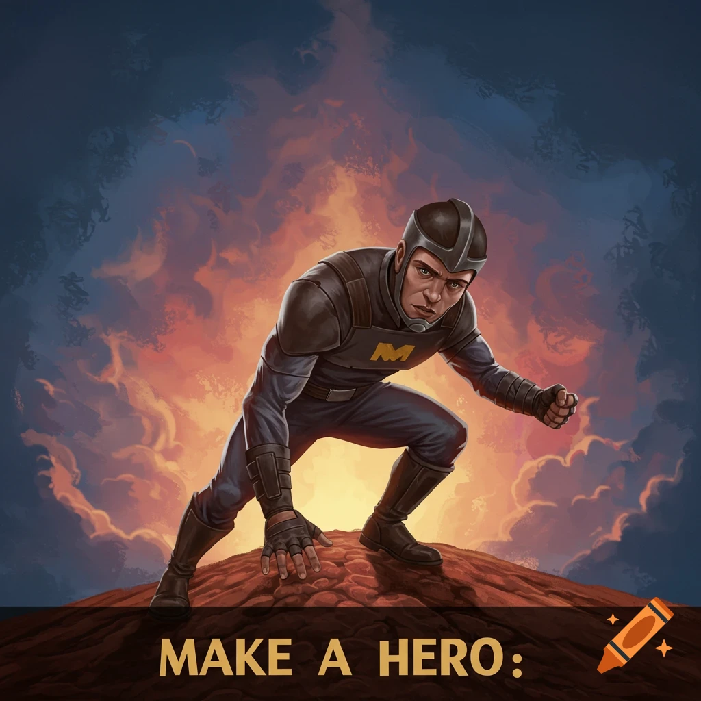 A superhero in dark armor crouches on a hill beneath a dramatic sky.