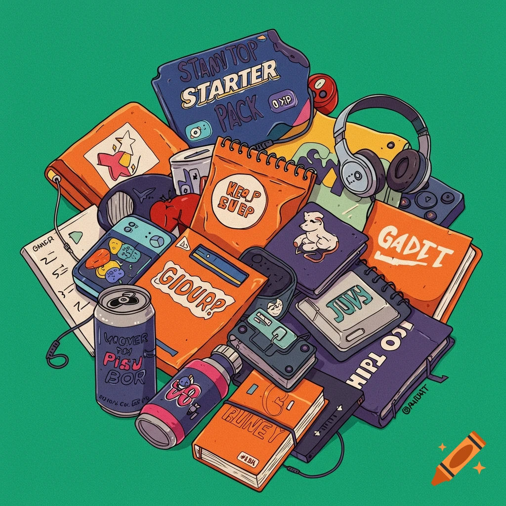 An illustration of a pile of gaming and tech items, including headphones, books, game controllers, cans, and bags.