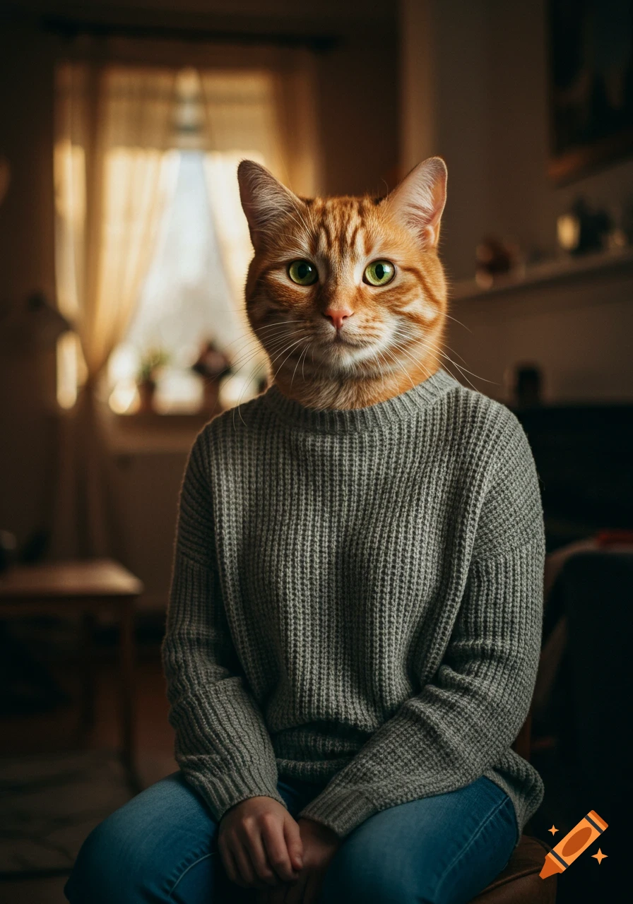 Orange cat head on a human body wearing a grey sweater and jeans, sitting indoors in photorealistic style.