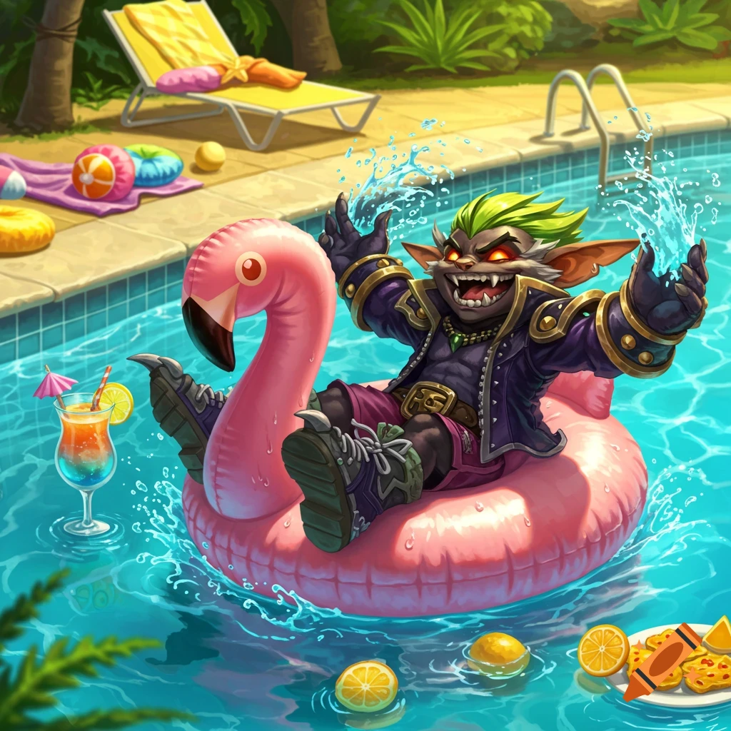 Illustration of a fantasy creature splashing water while riding a flamingo float at a pool party.
