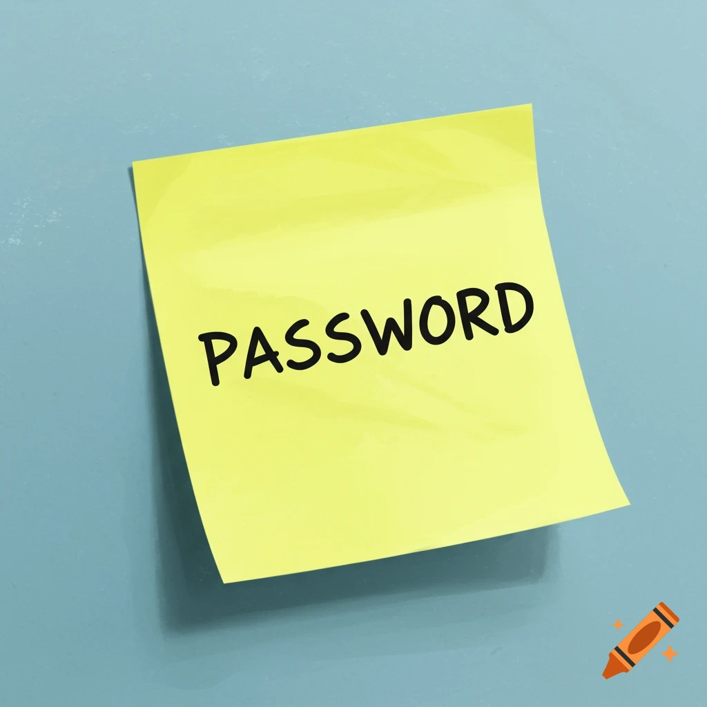 A yellow sticky note with the word PASSWORD written on it, on a blue background.
