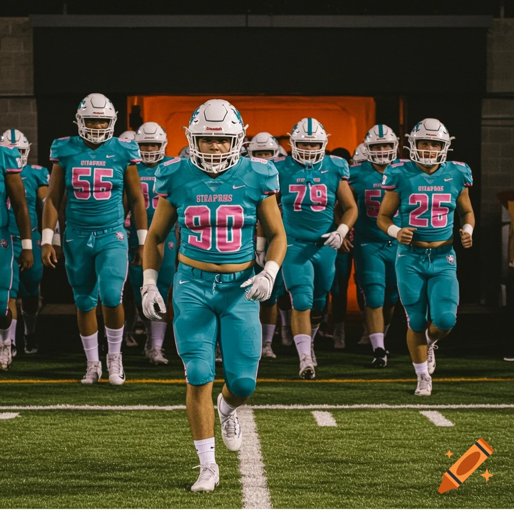 Football players in bright teal and pink jerseys run onto the field from a tunnel.