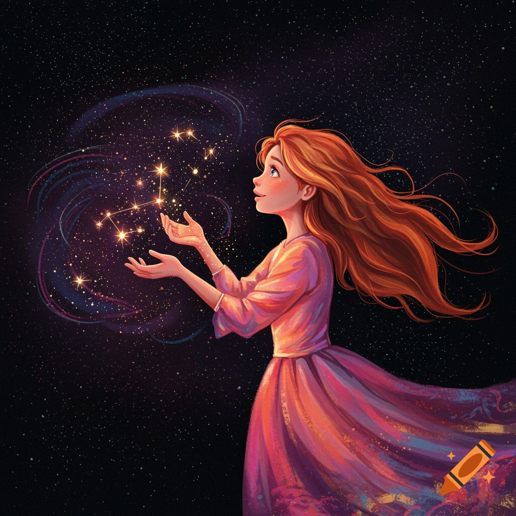Painterly illustration of a girl creating a constellation of stars in space.