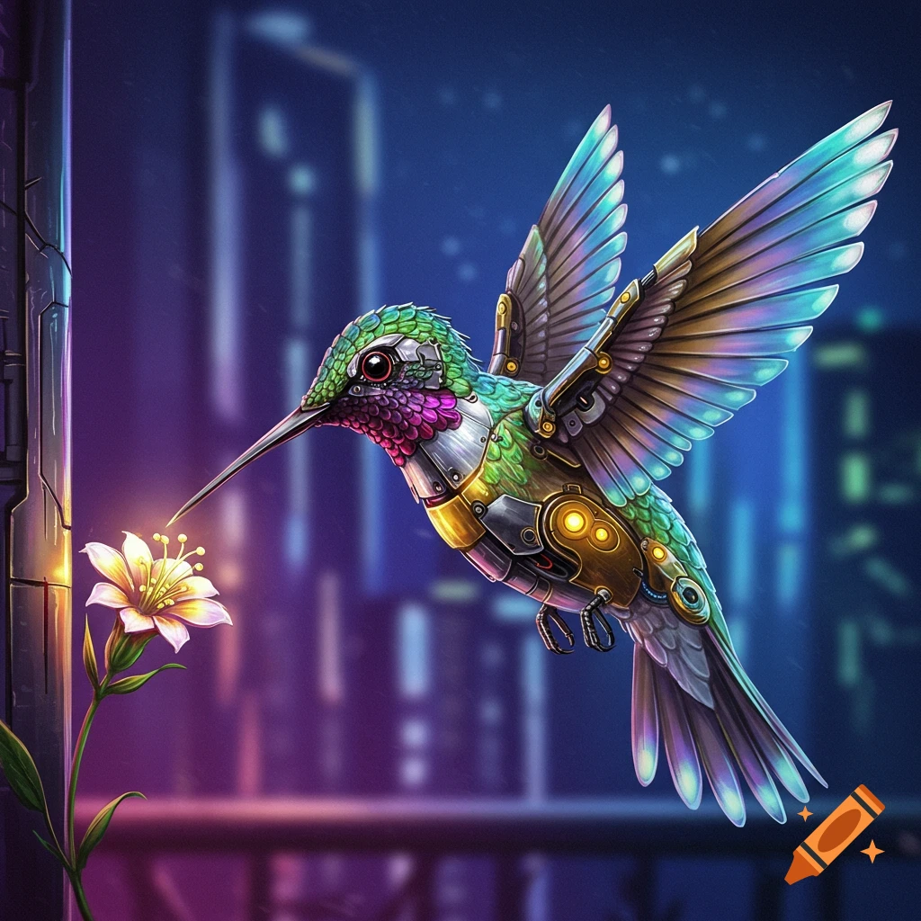 A vibrant cybernetic hummingbird hovers near a glowing flower with a blurry city background.
