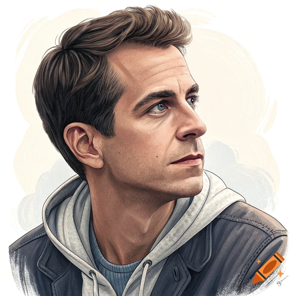 Illustrated portrait of a man with brown hair and blue eyes wearing a grey jacket and white hoodie.
