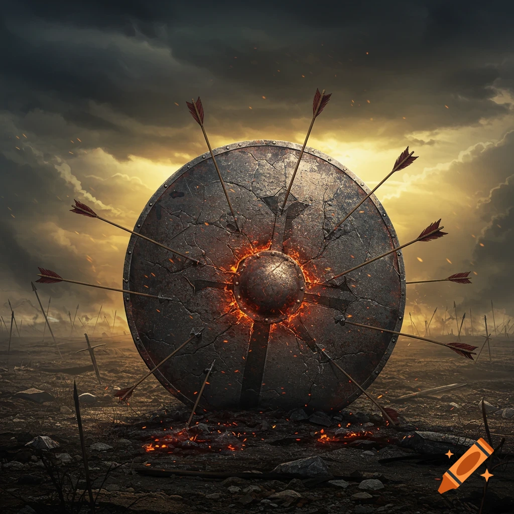 A battle-worn shield pierced by arrows stands in a muddy battlefield under a stormy sky with a glowing cross in the center.