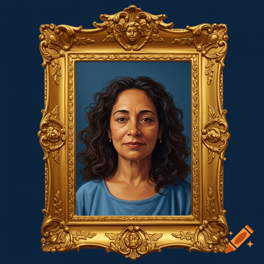 Portrait of a woman in an ornate gold frame.