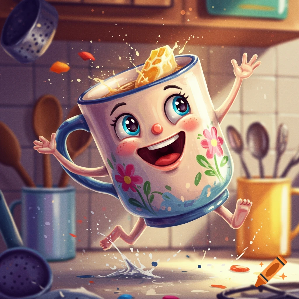Cartoon mug with face, arms, and legs jumping and spilling liquid in a kitchen.