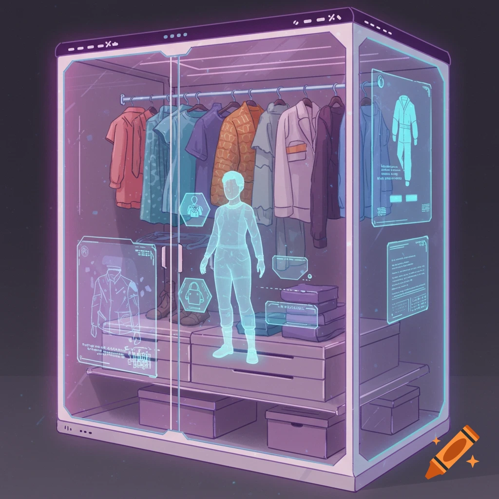 A futuristic transparent closet displaying clothes and a holographic figure.