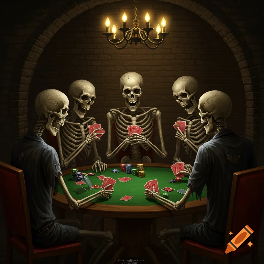Five skeletons are playing poker in a dimly lit room