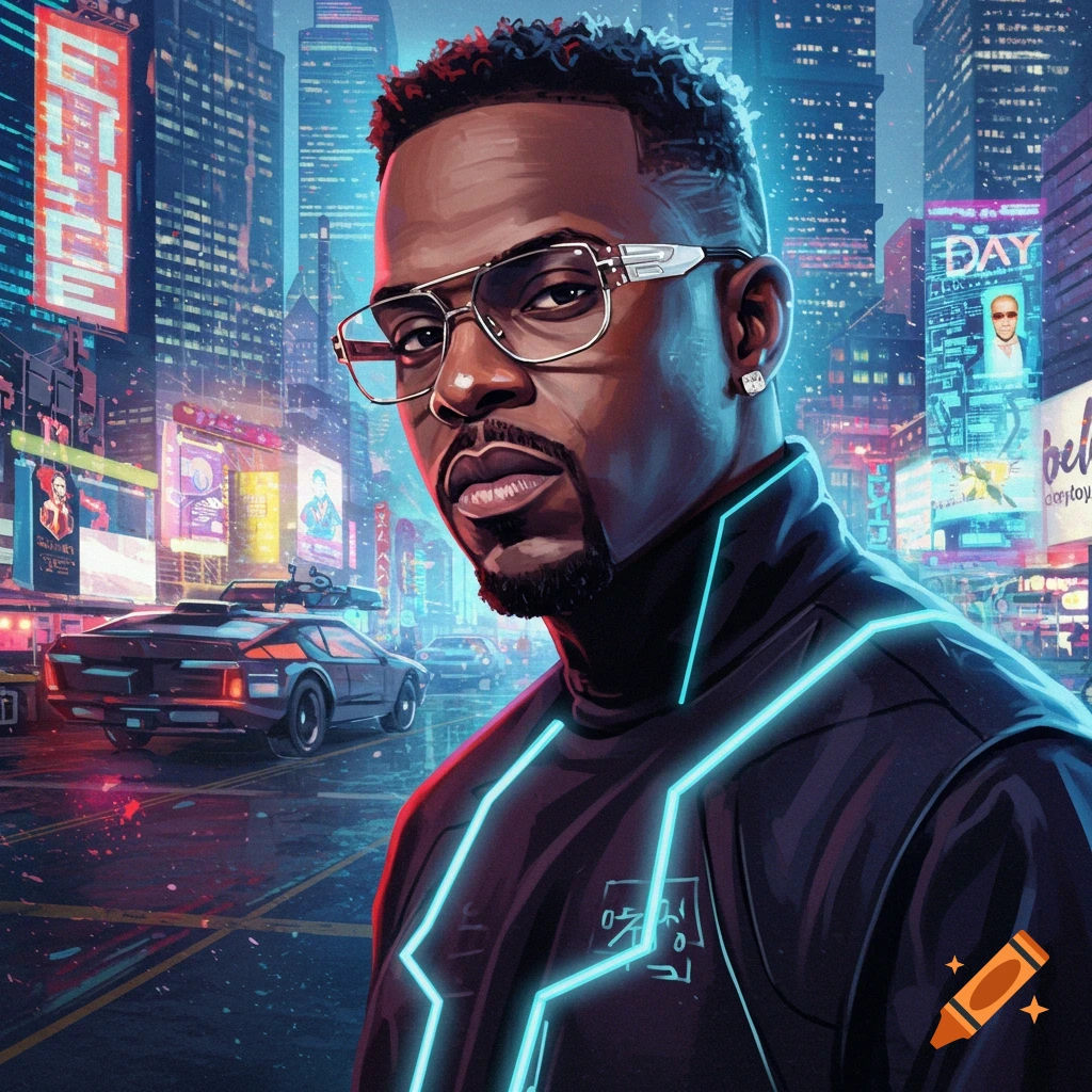 A man in a cyberpunk city, wearing a black jacket with blue neon lights and glasses.