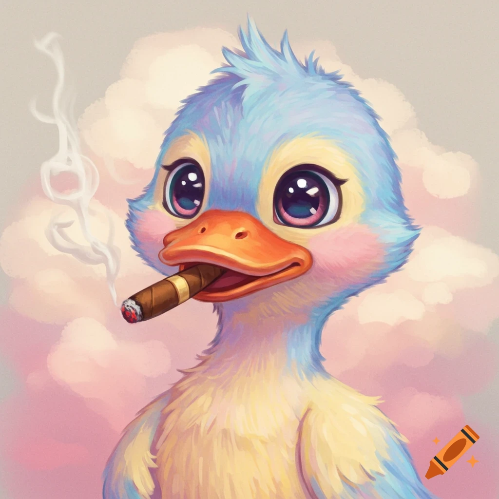 A cute duck smoking a cigar.