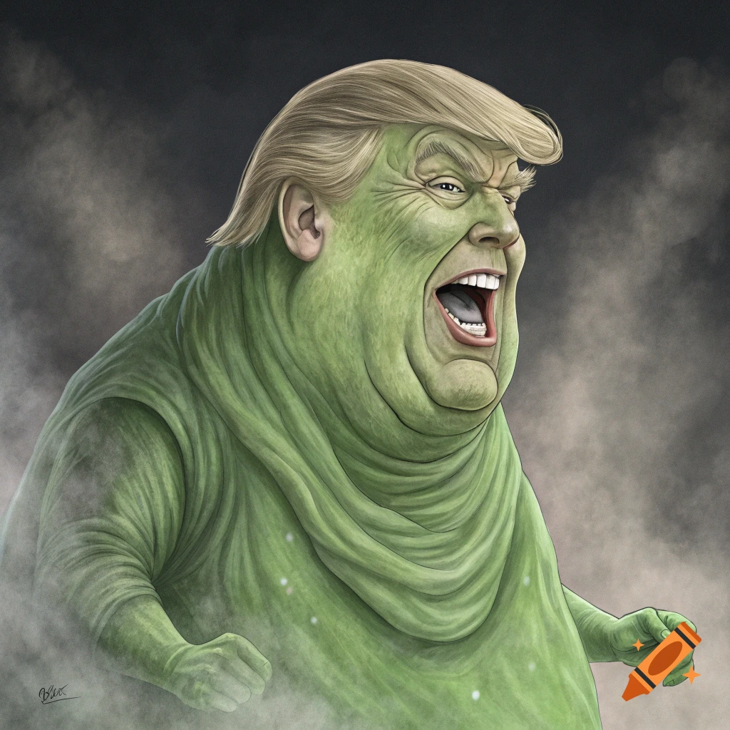 Illustration of a green, corpulent figure with Donald Trump's face, resembling Slimer from Ghostbusters, shouting.