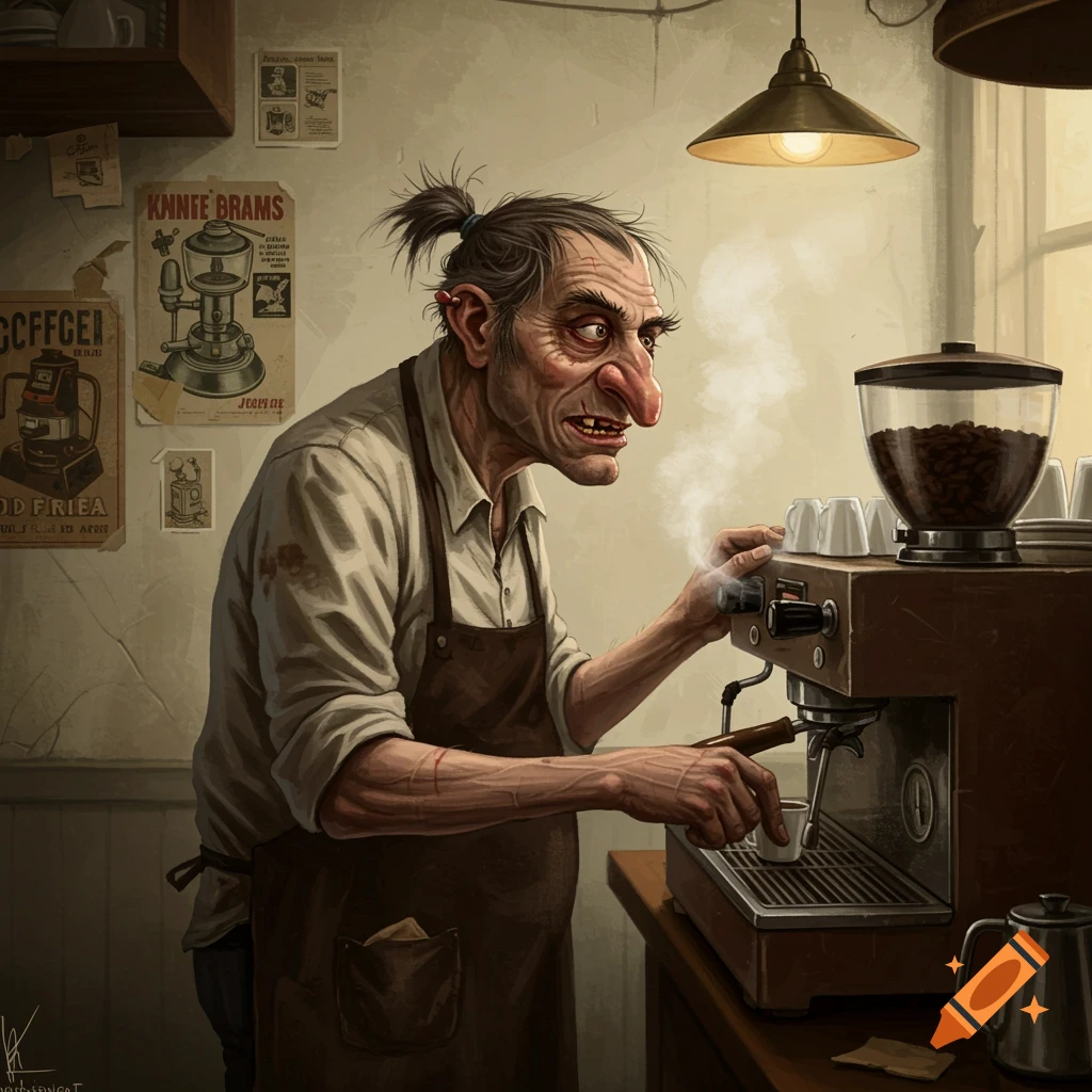An ugly barista with a ponytail is making coffee in a dimly lit cafe with posters.
