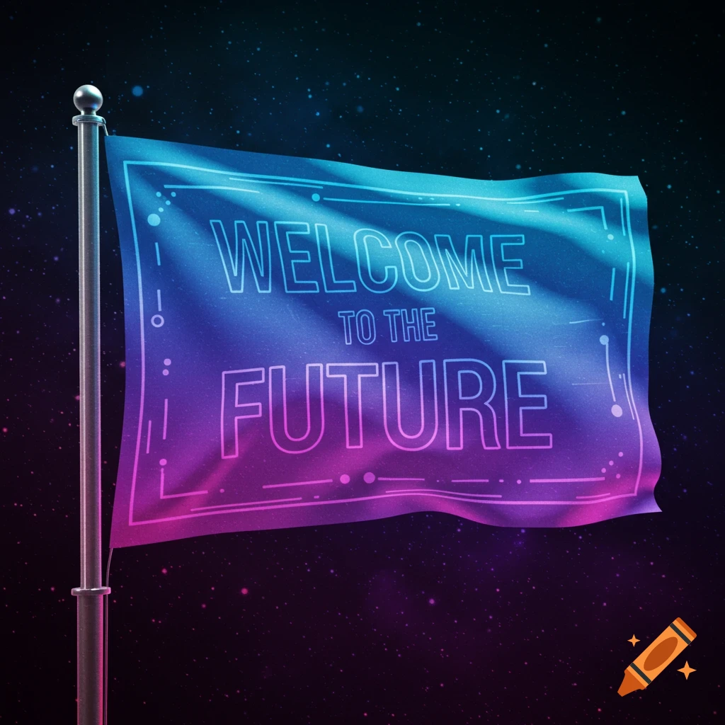 Digital art of a flag with neon text 'WELCOME TO THE FUTURE' against a starry background.