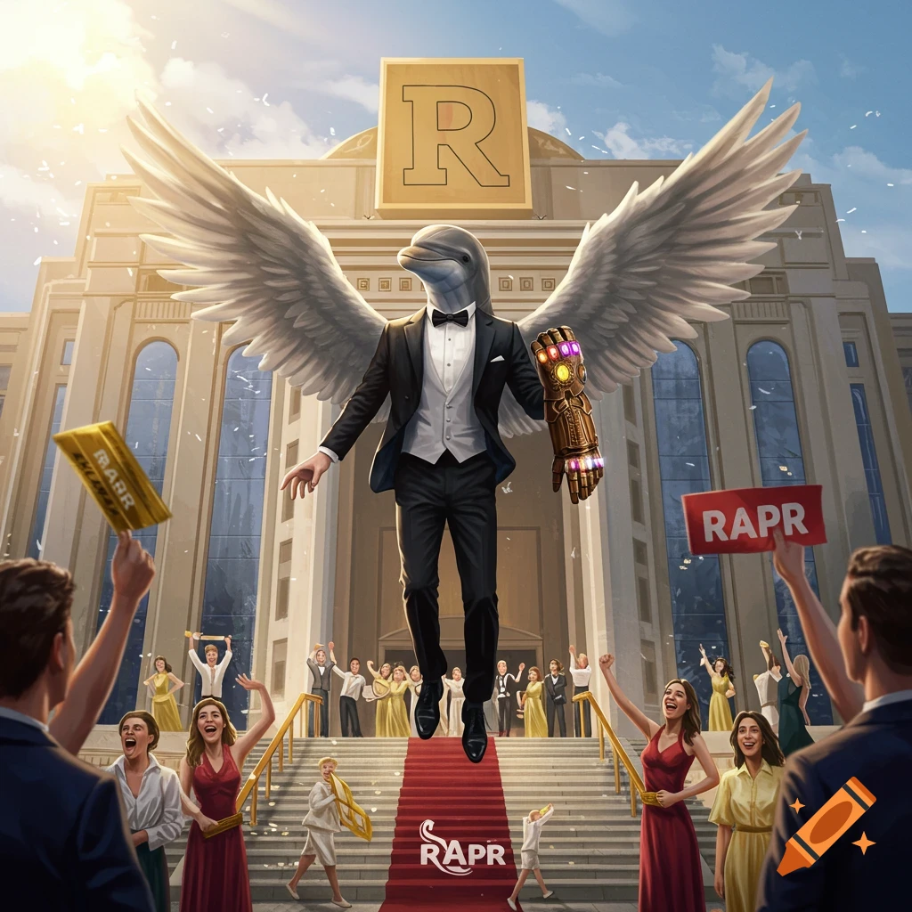 A dolphin in a tuxedo with wings and an infinity gauntlet floats above a crowd and red carpet in front of a grand building with an R.