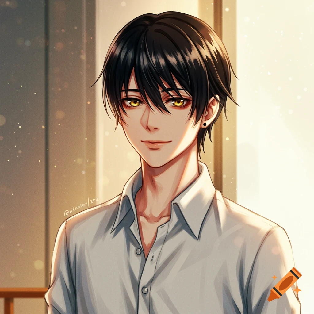 Anime-style image of a young man with black hair and yellow eyes in a white shirt.