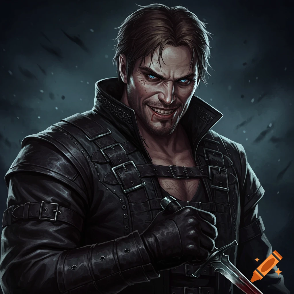 A menacing man with glowing blue eyes and bloody mouth, holding a knife
