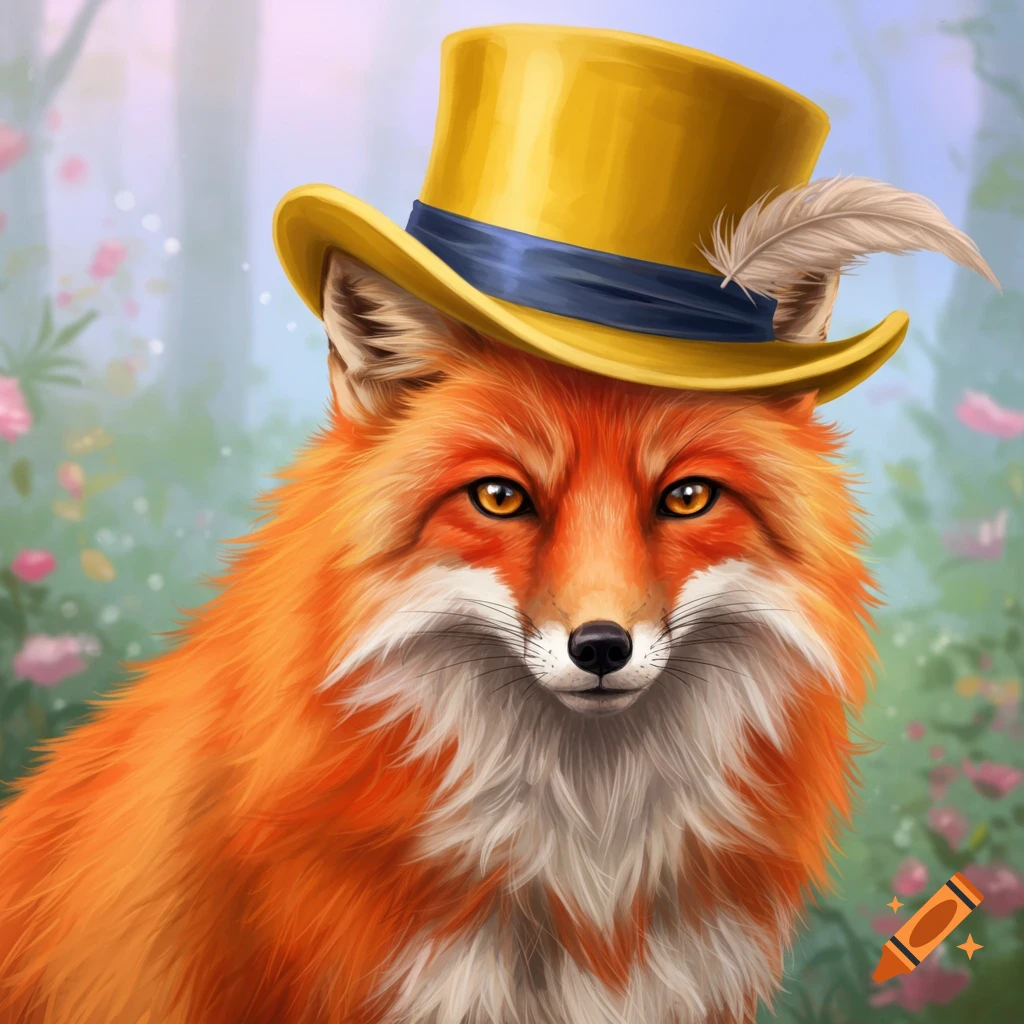 A fox wearing a yellow top hat with a feather in a garden.
